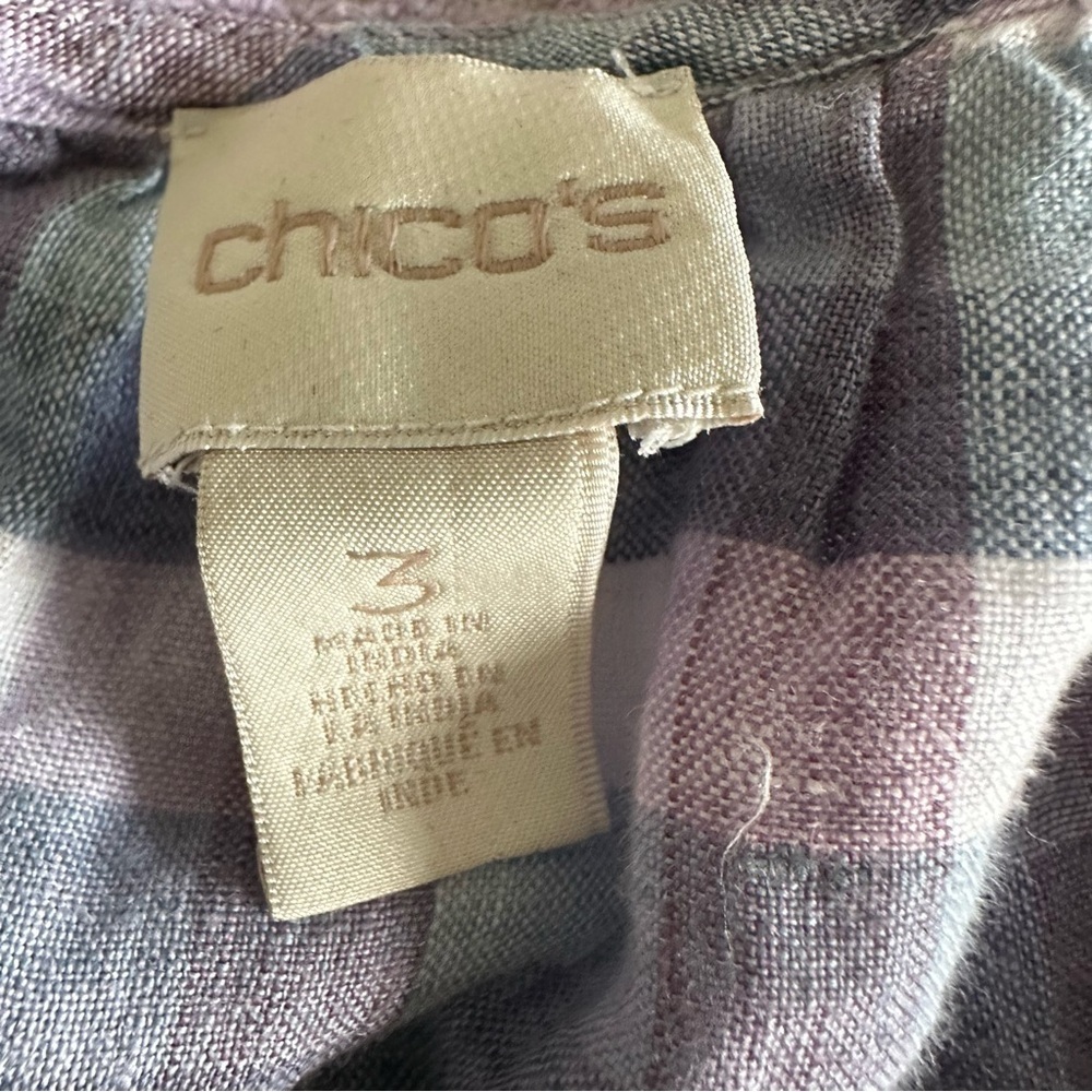 Chico’s Size 3 Crochet-Detail Gingham Linen Popover Top Purple Boho Peasant - Picture 9 of 13